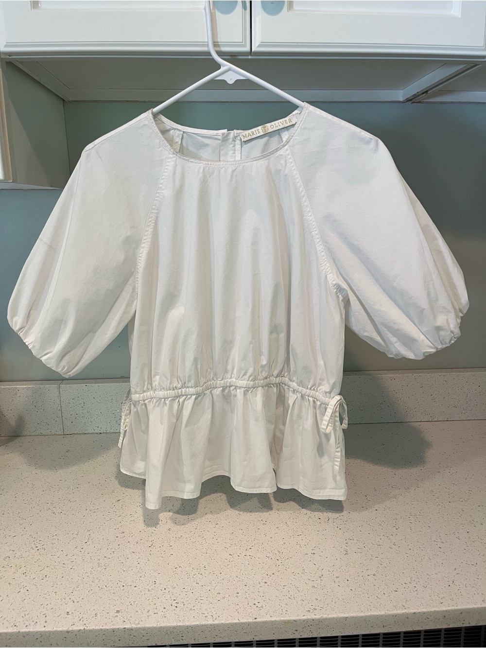 Marie Oliver White Puff-Sleeve Peplum Blouse Size S